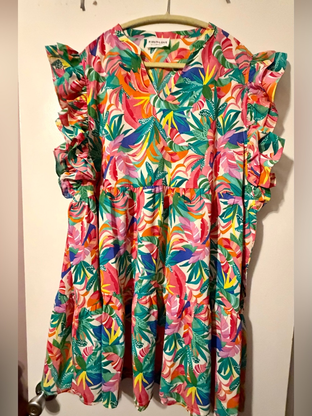 First Love Vibrant Tropical Print Ruffle Dress in Pink, Green, Yellow